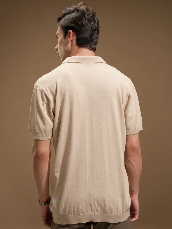 Highlander Men Beige Self Design Polo Collar T-Shirt