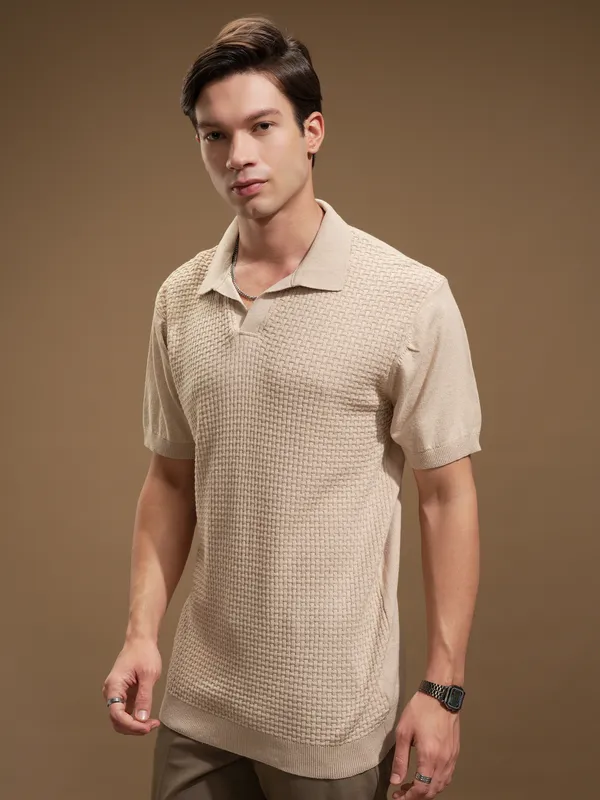Highlander Men Beige Self Design Polo Collar T-Shirt