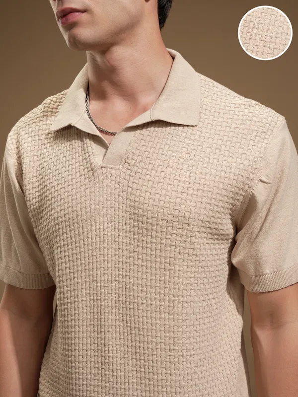 Highlander Men Beige Self Design Polo Collar T-Shirt