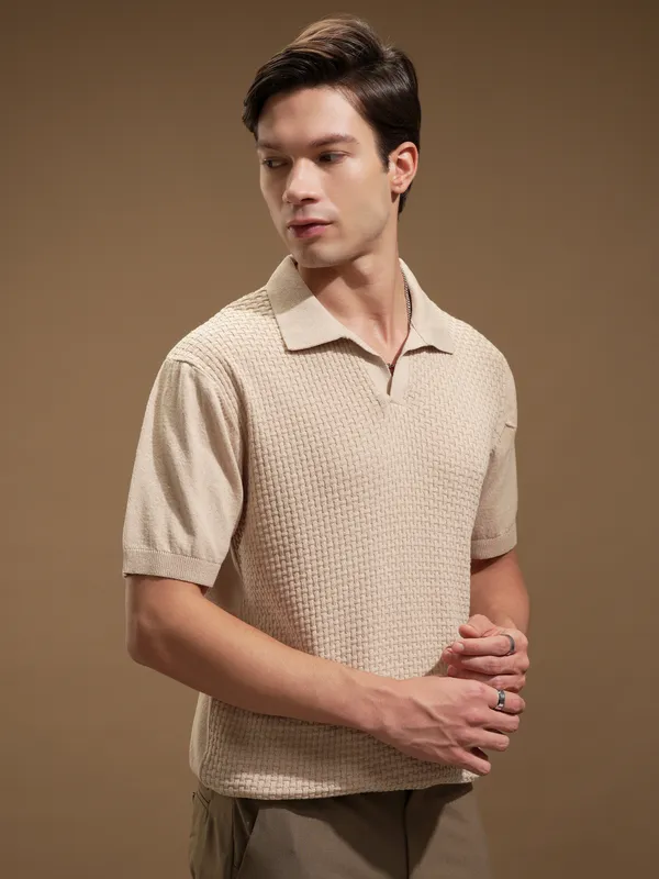 Highlander Men Beige Self Design Polo Collar T-Shirt