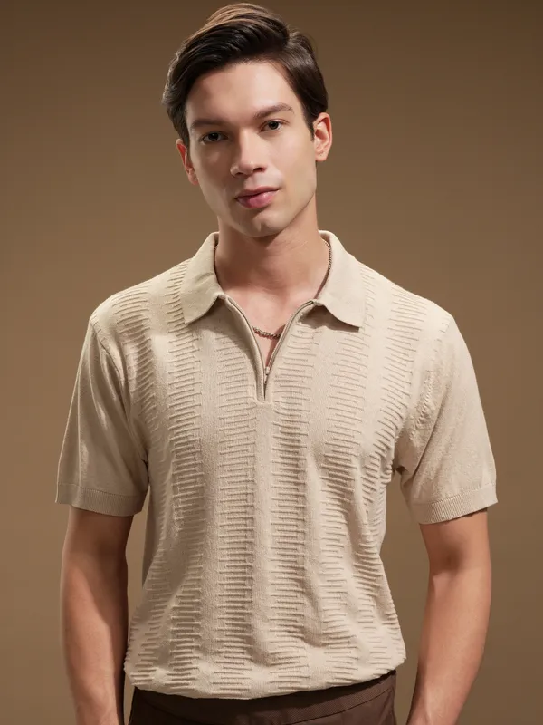 Highlander Men Beige Self Design Polo Collar T-Shirt