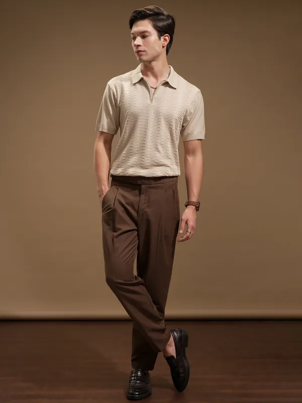 Highlander Men Beige Self Design Polo Collar T-Shirt