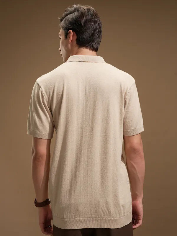 Highlander Men Beige Self Design Polo Collar T-Shirt