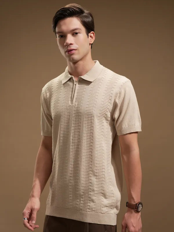 Highlander Men Beige Self Design Polo Collar T-Shirt