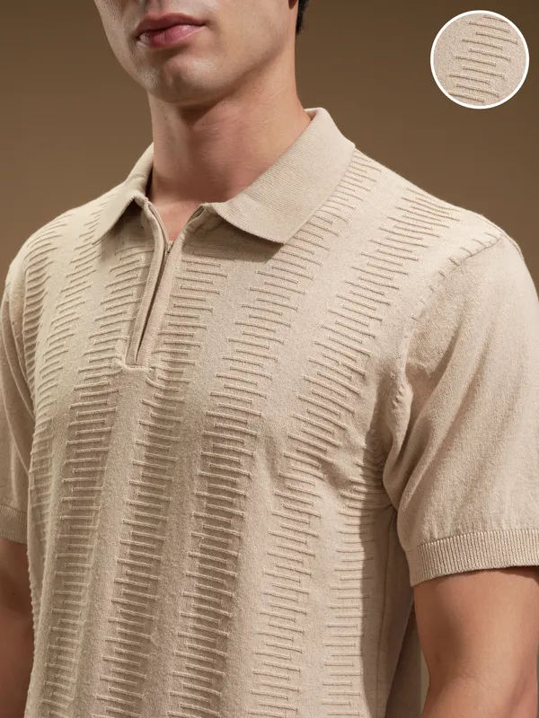Highlander Men Beige Self Design Polo Collar T-Shirt