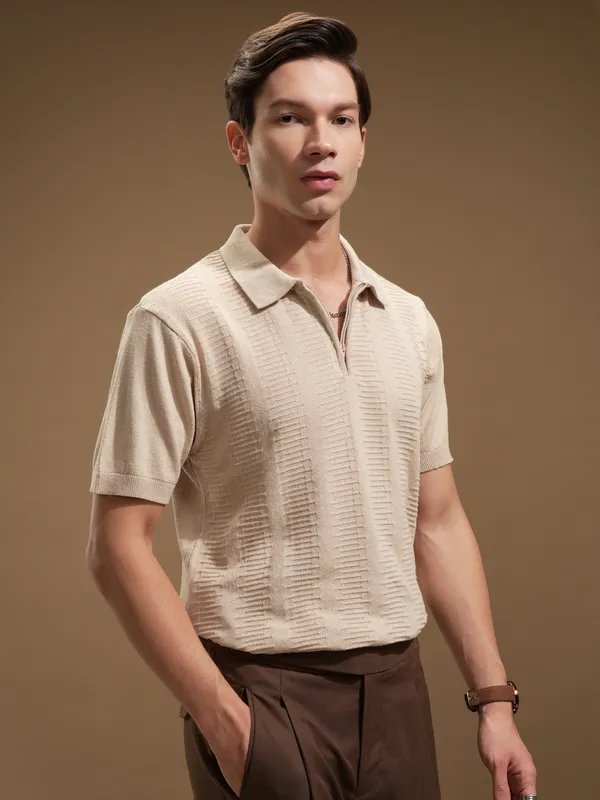 Highlander Men Beige Self Design Polo Collar T-Shirt