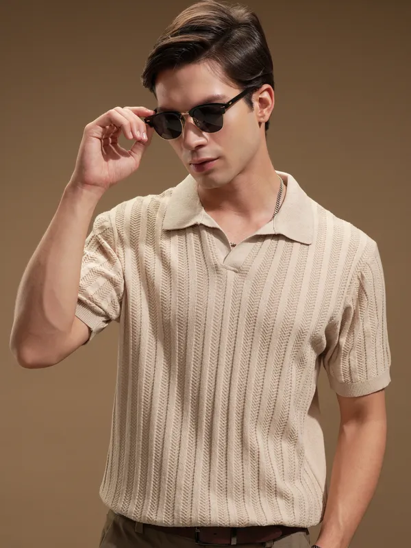 Highlander Men Beige Self Design Polo Collar T-Shirt