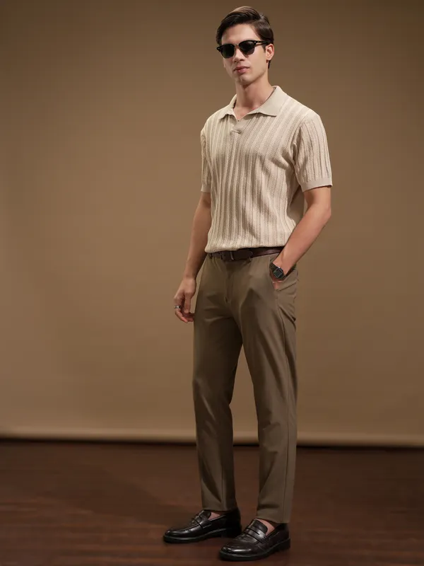 Highlander Men Beige Self Design Polo Collar T-Shirt