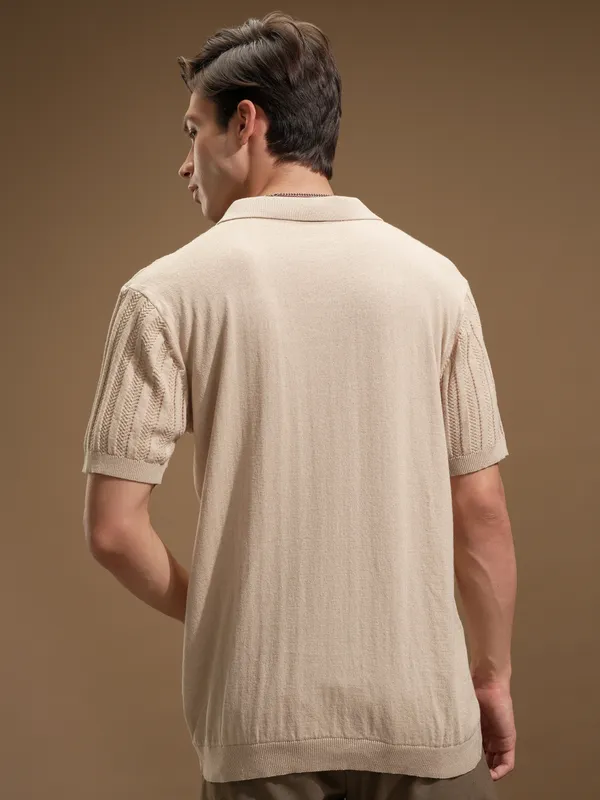 Highlander Men Beige Self Design Polo Collar T-Shirt