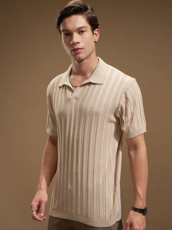 Highlander Men Beige Self Design Polo Collar T-Shirt