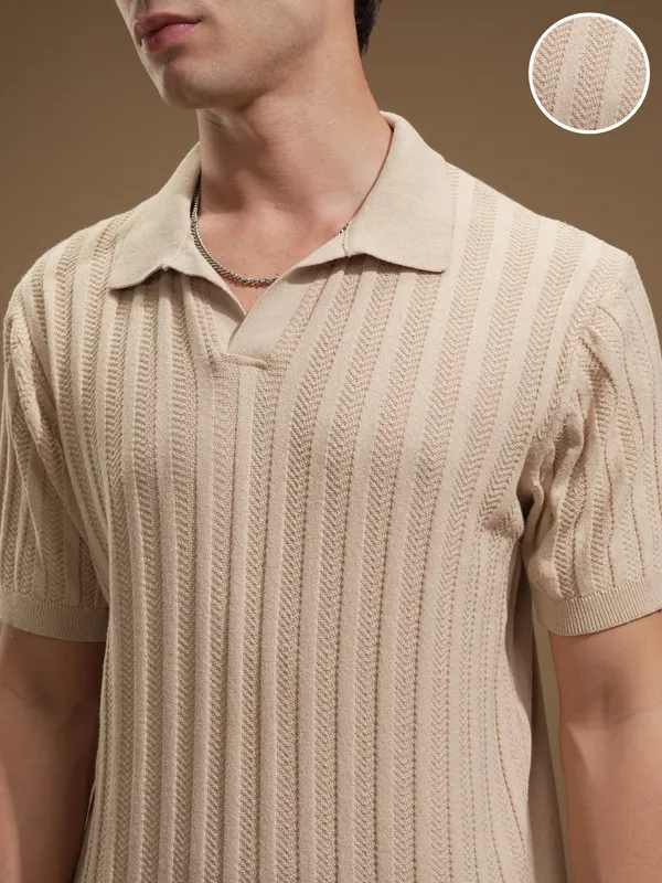 Highlander Men Beige Self Design Polo Collar T-Shirt