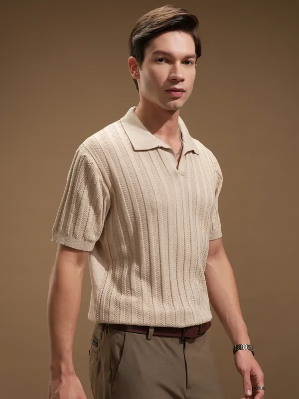 Highlander Men Beige Self Design Polo Collar T-Shirt