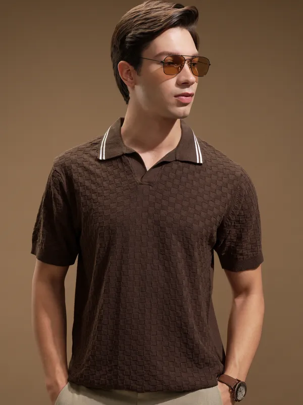 Highlander Men Brown Self Design Polo Collar T-Shirt