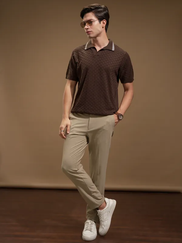 Highlander Men Brown Self Design Polo Collar T-Shirt