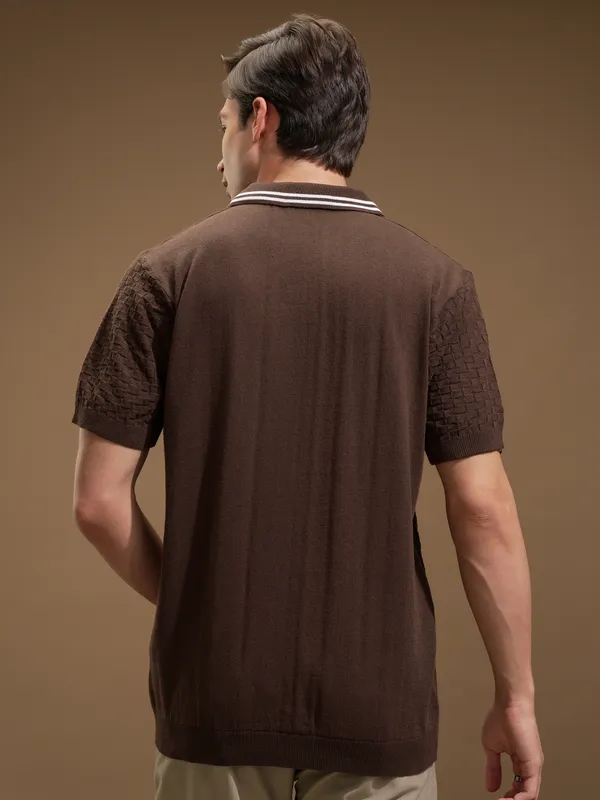 Highlander Men Brown Self Design Polo Collar T-Shirt