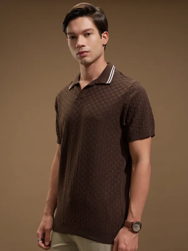 Highlander Men Brown Self Design Polo Collar T-Shirt