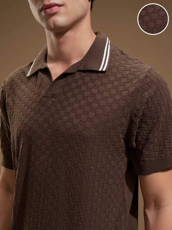 Highlander Men Brown Self Design Polo Collar T-Shirt