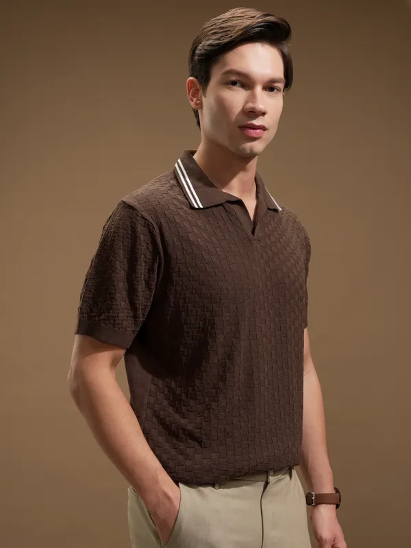 Highlander Men Brown Self Design Polo Collar T-Shirt