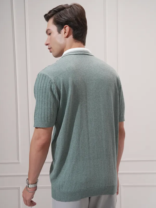 Highlander Men Green Self Design Polo Collar T-Shirt