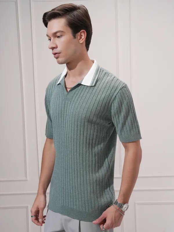 Highlander Men Green Self Design Polo Collar T-Shirt