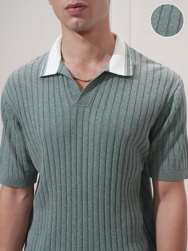 Highlander Men Green Self Design Polo Collar T-Shirt