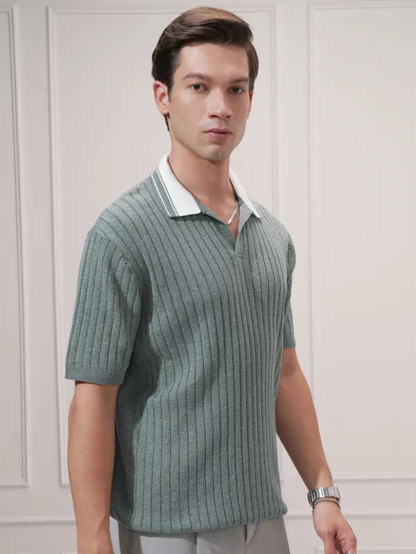 Highlander Men Green Self Design Polo Collar T-Shirt