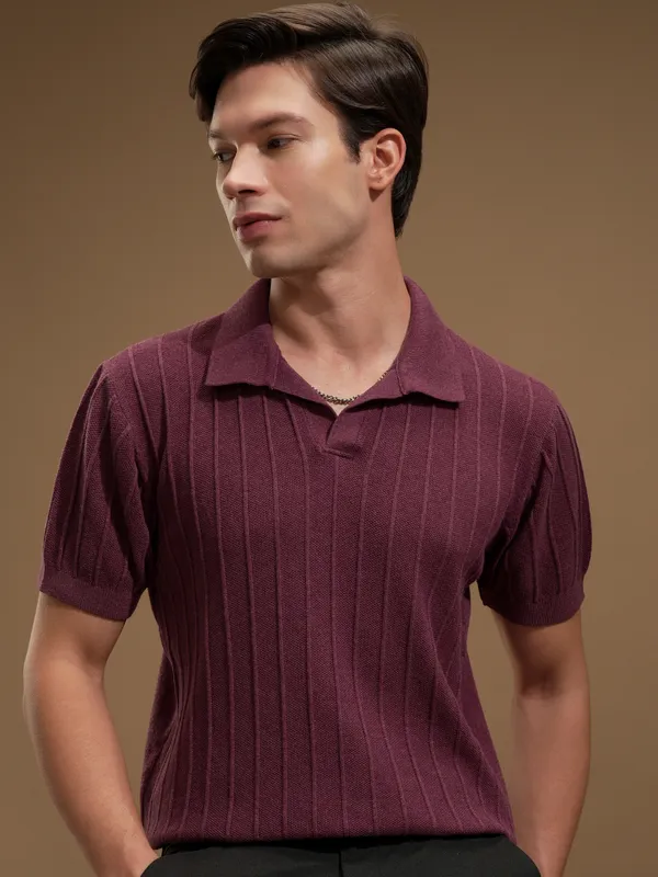 Highlander Men Maroon Self Design Polo Collar T-Shirt