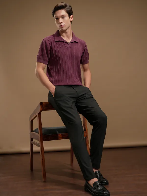 Highlander Men Maroon Self Design Polo Collar T-Shirt