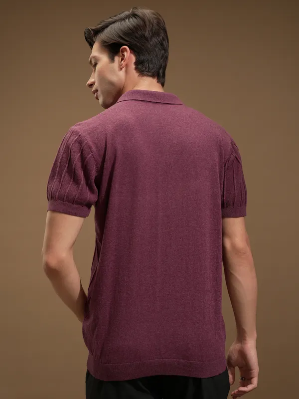 Highlander Men Maroon Self Design Polo Collar T-Shirt