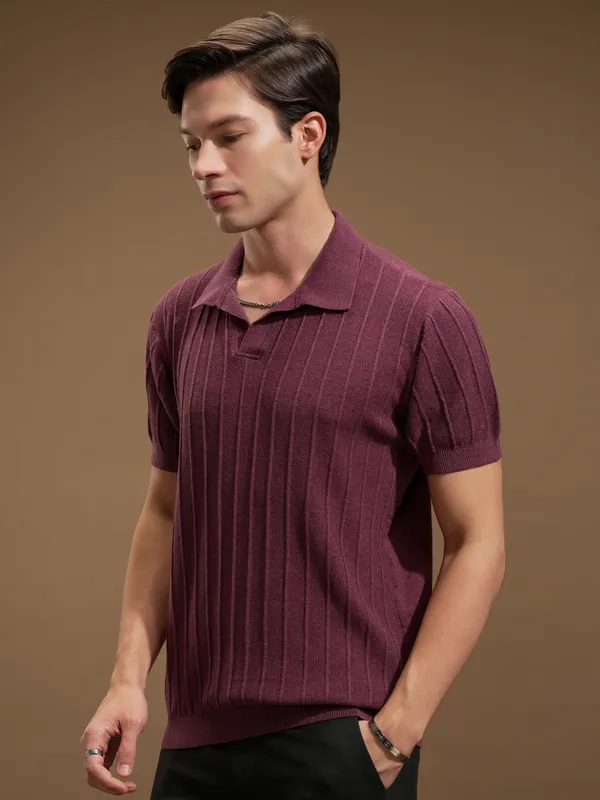 Highlander Men Maroon Self Design Polo Collar T-Shirt