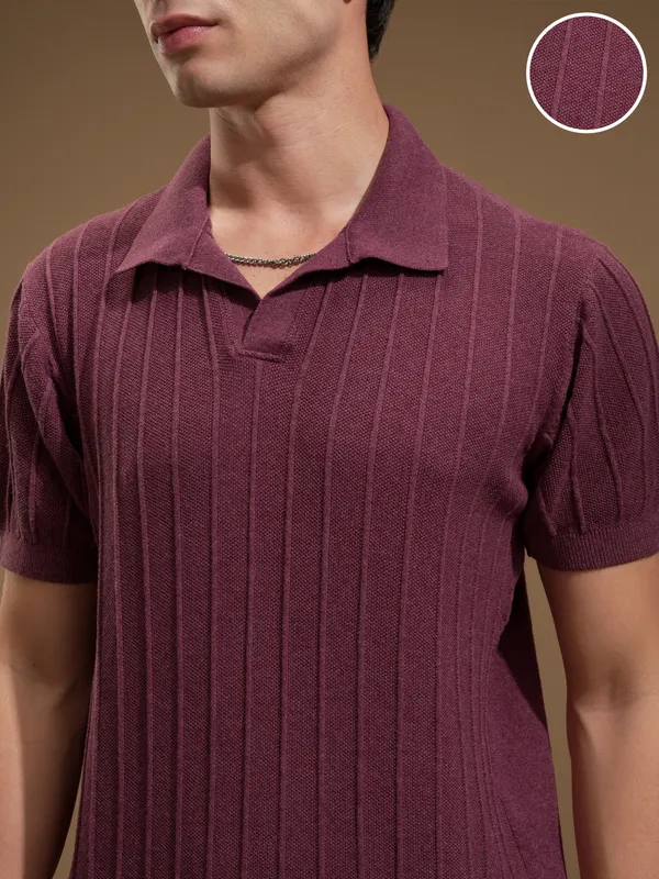 Highlander Men Maroon Self Design Polo Collar T-Shirt