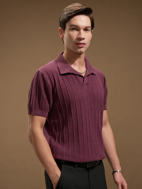 Highlander Men Maroon Self Design Polo Collar T-Shirt