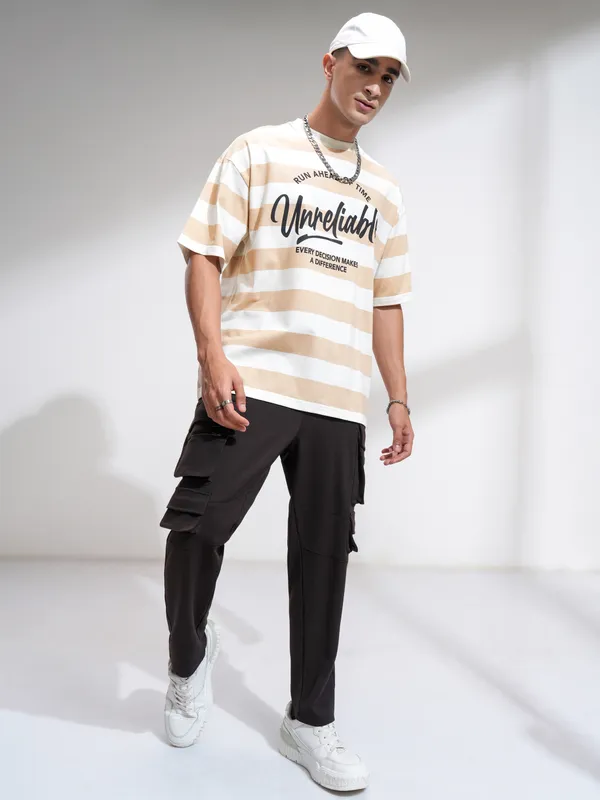 Highlander Men Beige Printed Round Neck Oversized Fit T-Shirt