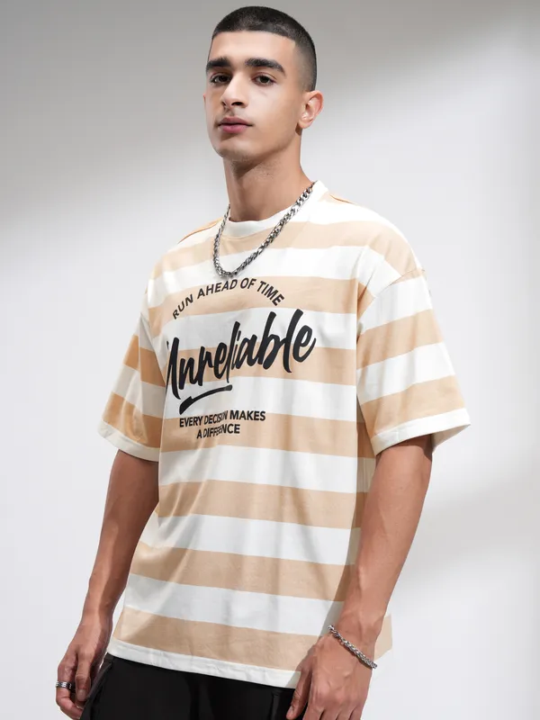 Highlander Men Beige Printed Round Neck Oversized Fit T-Shirt