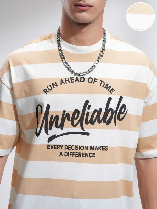 Highlander Men Beige Printed Round Neck Oversized Fit T-Shirt