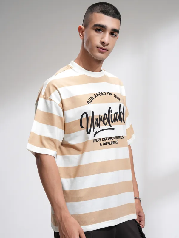 Highlander Men Beige Printed Round Neck Oversized Fit T-Shirt