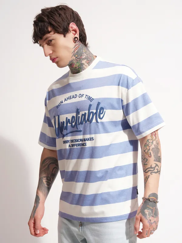 Highlander Men Blue Printed Round Neck Oversized Fit T-Shirt