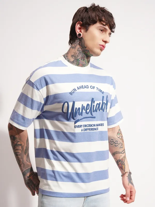 Highlander Men Blue Printed Round Neck Oversized Fit T-Shirt