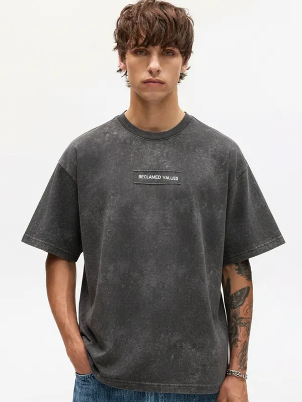 Highlander Men Grey Self Design Round Neck Oversized Fit T-Shirt