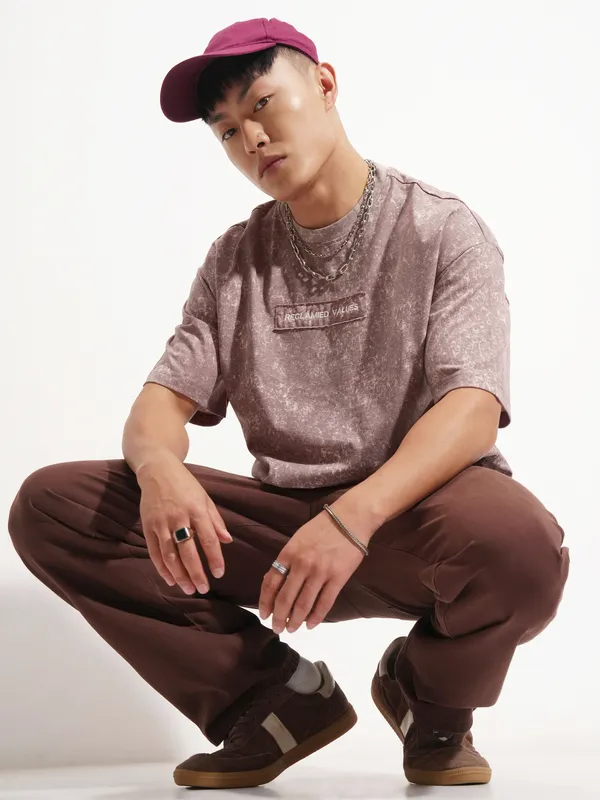 Highlander Men Purple Printed Round Neck Oversized Fit T-Shirt