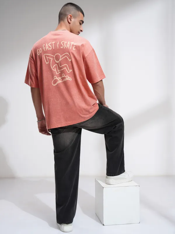 Highlander Men Rust Printed Round Neck Oversized Fit T-Shirt