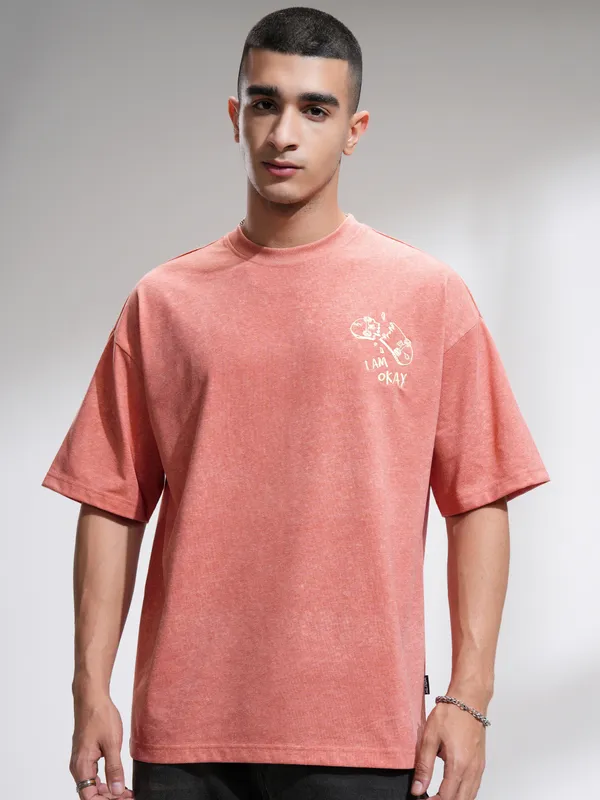 Highlander Men Rust Printed Round Neck Oversized Fit T-Shirt