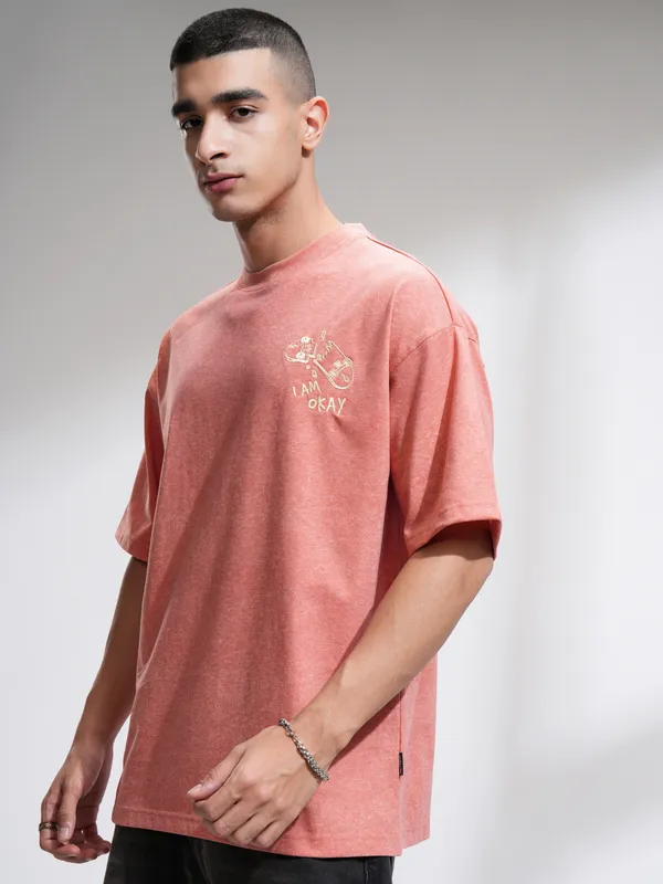 Highlander Men Rust Printed Round Neck Oversized Fit T-Shirt