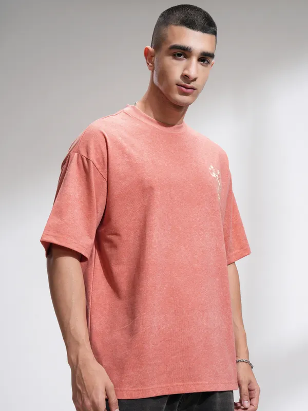 Highlander Men Rust Printed Round Neck Oversized Fit T-Shirt
