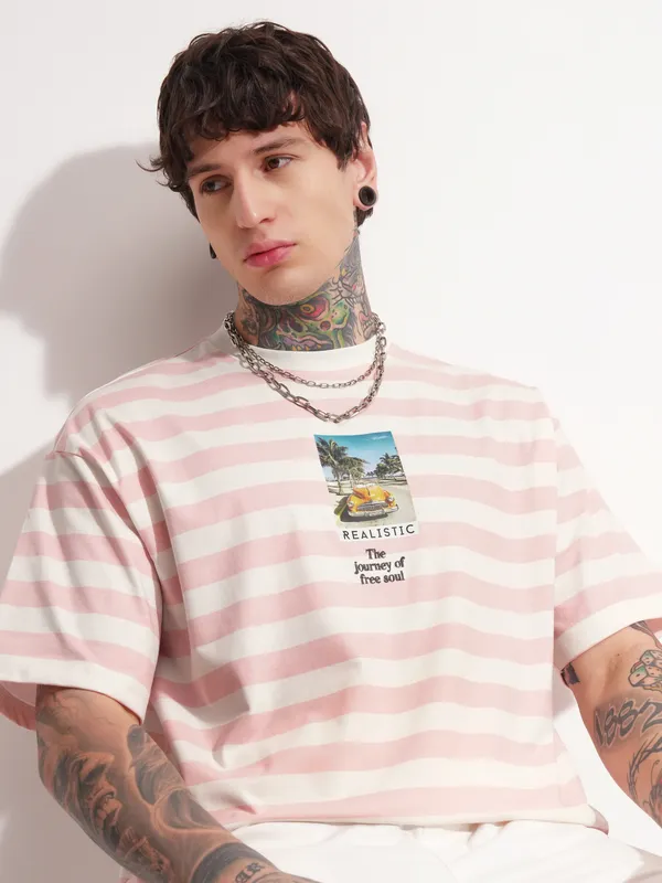 Highlander Men Pink Printed Round Neck Oversized Fit T-Shirt