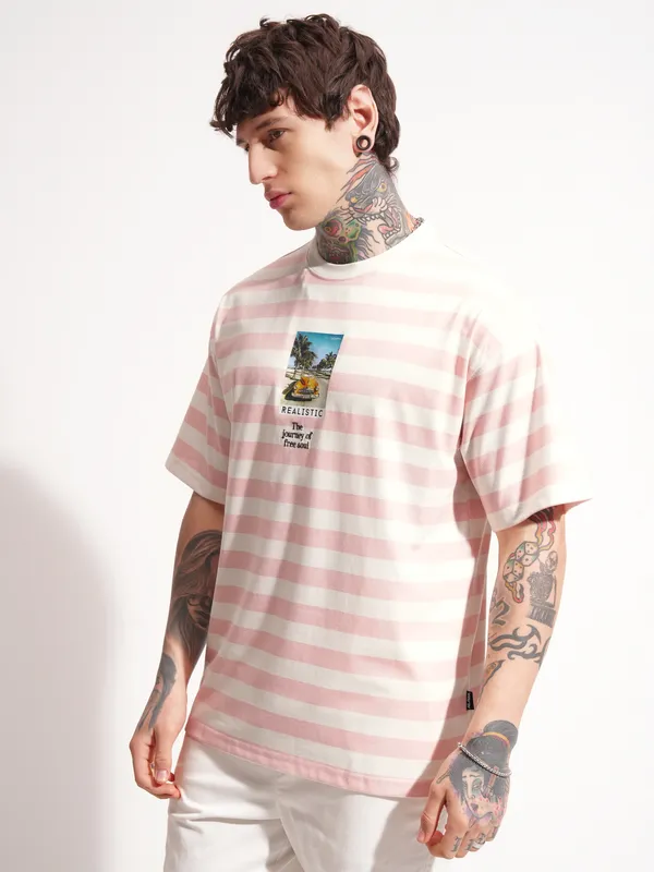 Highlander Men Pink Printed Round Neck Oversized Fit T-Shirt