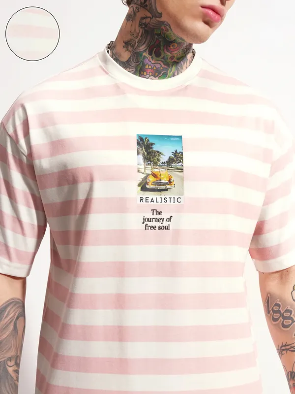 Highlander Men Pink Printed Round Neck Oversized Fit T-Shirt