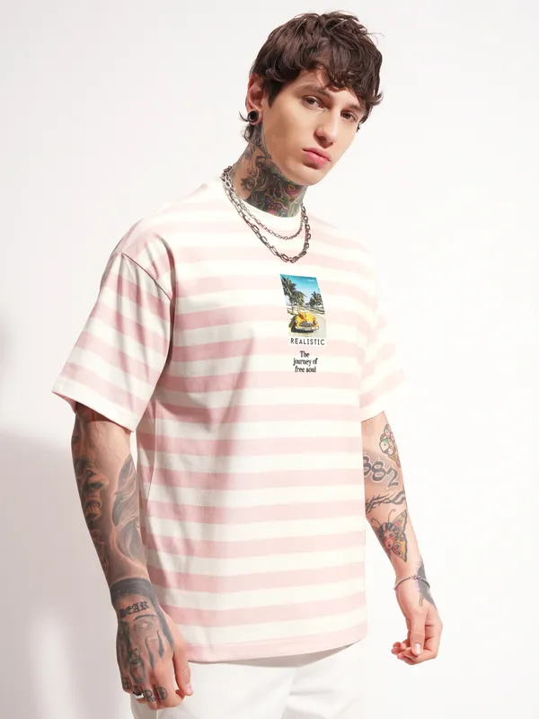 Highlander Men Pink Printed Round Neck Oversized Fit T-Shirt
