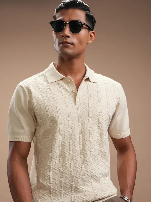 Highlander Men Beige Self Design Polo Collar Regular Fit T-Shirt