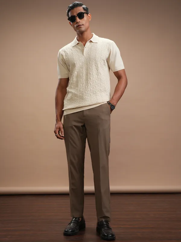 Highlander Men Beige Self Design Polo Collar Regular Fit T-Shirt